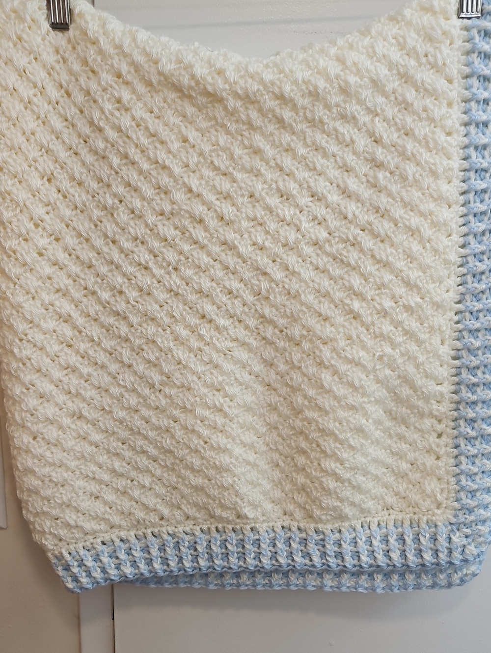 Cream And Blue Hand Knitted Crochet Baby Blanket